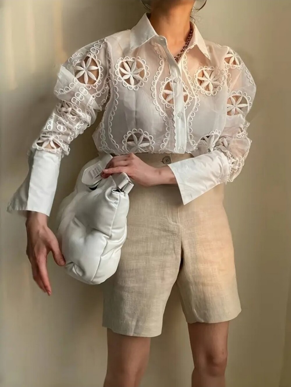 Spring/Summer Sexy Sheer Hollow-Out Shirt, Elegant Embroidered Top - Picture 4 of 6